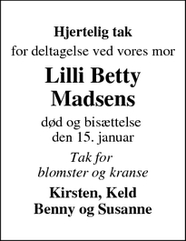 Taksigelsen for Lilli Betty
Madsens - Birkerød