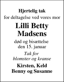 Taksigelsen for Lilli Betty
Madsens - Birkerød