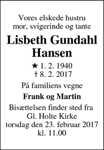 Dødsannoncen for Lisbeth Gundahl Hansen - Trørød