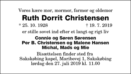 Dødsannoncen for  Ruth Dorrit Christensen - Sakskøbing