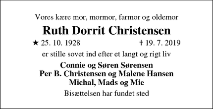 Dødsannoncen for  Ruth Dorrit Christensen - Sakskøbing