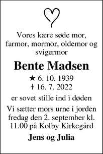 Dødsannoncen for Bente Madsen - Rønde
