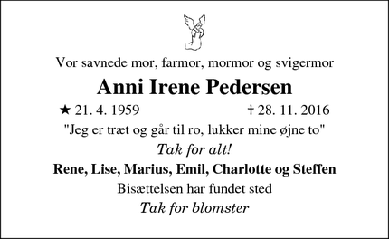 Dødsannoncen for Anni Irene Pedersen - Sakskøbing