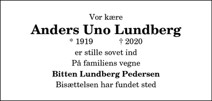 Dødsannoncen for Anders Uno Lundberg - Sæby