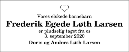 Dødsannoncen for Frederik Egede Løth Larsen - Østervrå