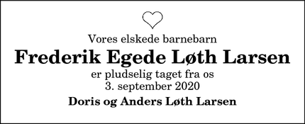 Dødsannoncen for Frederik Egede Løth Larsen - Østervrå