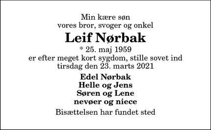 Dødsannoncen for Leif Nørbak - Ørtoft, 9300  Sæby