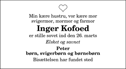 Dødsannoncen for Inger Kofoed - Sæby