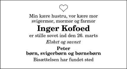 Dødsannoncen for Inger Kofoed - Sæby