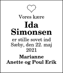 Dødsannoncen for Ida
Simonsen - Sæby
