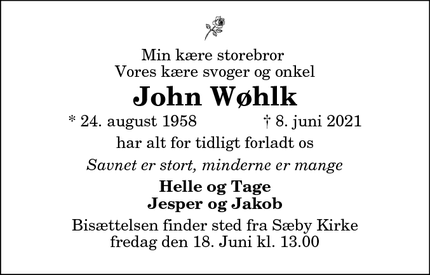 Dødsannoncen for John Wøhlk - Sæby