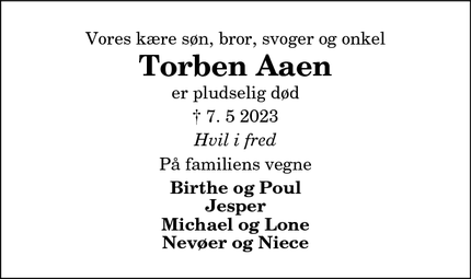 Dødsannoncen for Torben Aaen - Sæby