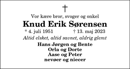Dødsannoncen for Knud Erik Sørensen - Sæby