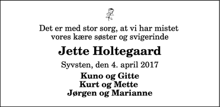 Dødsannoncen for Jette Holtegaard - Syvsten 