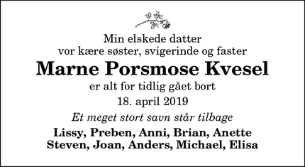 Dødsannoncen for Marne Porsmose Kvesel - Sæby