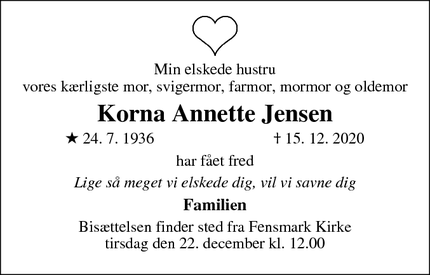 Dødsannoncen for Korna Annette Jensen - Fensmark / Næstved 