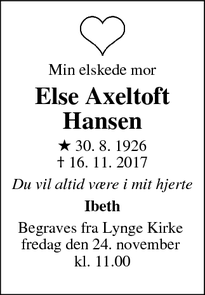 Dødsannoncen for Else Axeltoft Hansen - Sorø