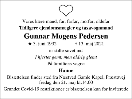Dødsannoncen for Gunnar Mogens Pedersen - Næstved