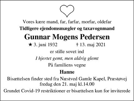 Dødsannoncen for Gunnar Mogens Pedersen - Næstved