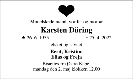 Dødsannoncen for Karsten Düring - Vordingborg