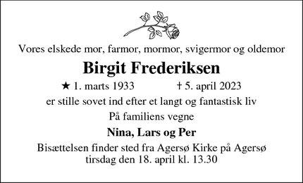 Dødsannoncen for Birgit Frederiksen - Klampenborg