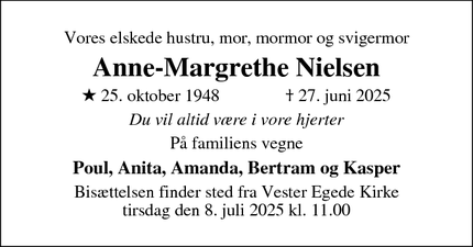 Dødsannoncen for Anne-Margrethe Nielsen - ruds vedby
