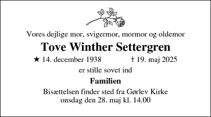 Dødsannoncen for Tove Winther Settergren - Gørlev 4281