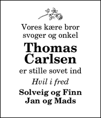 Dødsannoncen for Thomas
Carlsen - skagen