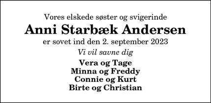 Dødsannoncen for Anni Starbæk Andersen - Skagen