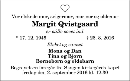 Dødsannoncen for Margit Qvistgaard - Skagen