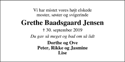 Dødsannoncen for Grethe Baadsgaard Jensen - Aars