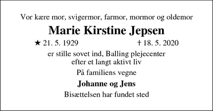 Dødsannoncen for Marie Kirstine Jepsen - Holstebro