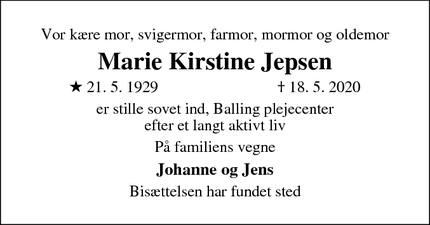 Dødsannoncen for Marie Kirstine Jepsen - Holstebro