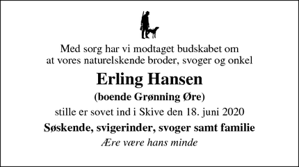 Dødsannoncen for Erling Hansen - Skive