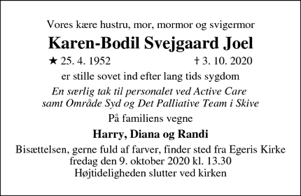 Dødsannoncen for Karen-Bodil Svejgaard Joel - Skive