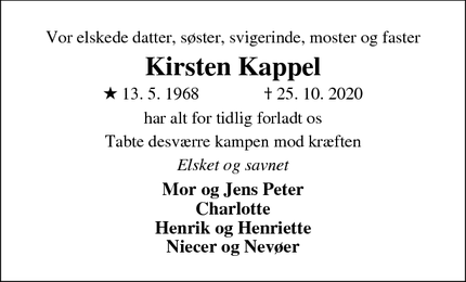 Dødsannoncen for Kirsten Kappel - Thise