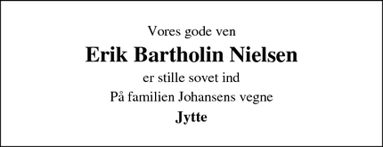 Dødsannoncen for Erik Bartholin Nielsen - Fur