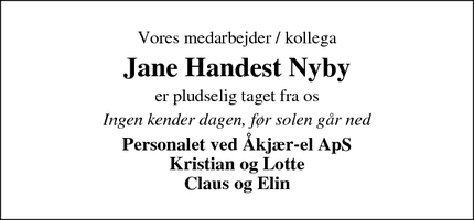 Dødsannoncen for Jane Handest Nyby - Skive