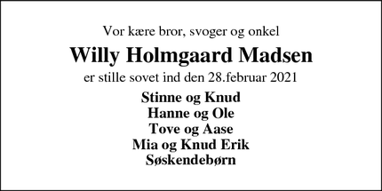 Dødsannoncen for Willy Holmgaard Madsen - Stoholm