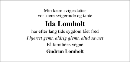 Dødsannoncen for Ida Lomholt - Balling
