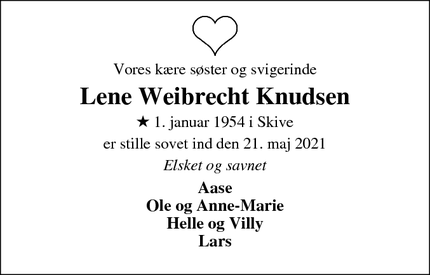 Dødsannoncen for Lene Weibrecht Knudsen - Billund