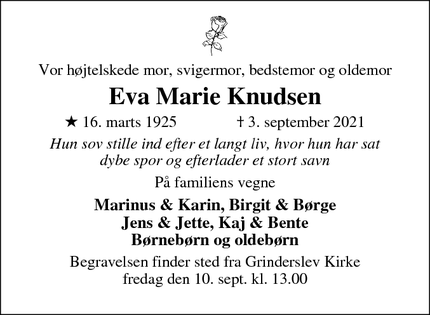 Dødsannoncen for Eva Marie Knudsen - Breum