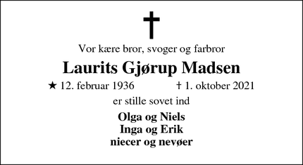 Dødsannoncen for Laurits Gjørup Madsen - Balling