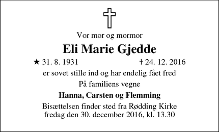 Dødsannoncen for Eli Marie Gjedde - Rødding pr.Spøttrup