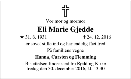 Dødsannoncen for Eli Marie Gjedde - Rødding pr.Spøttrup