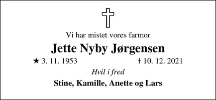 Dødsannoncen for Jette Nyby Jørgensen - Skive