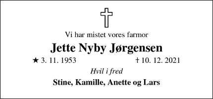 Dødsannoncen for Jette Nyby Jørgensen - Skive