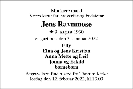 Dødsannoncen for Jens Ravnmose - Selde