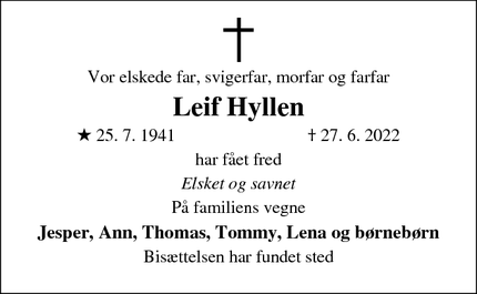 Dødsannoncen for Leif Hyllen - Skive 