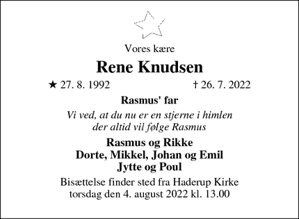 Dødsannoncen for Rene Knudsen - Skive